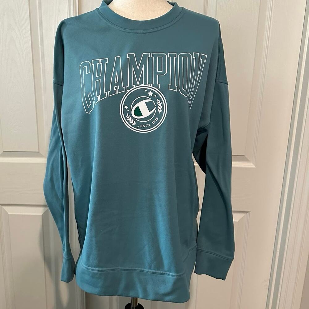 Champion Womens Medium Sweatshirt Teal Game Day Oversized‎ Pullover Triple Logo - Picture 1 of 8